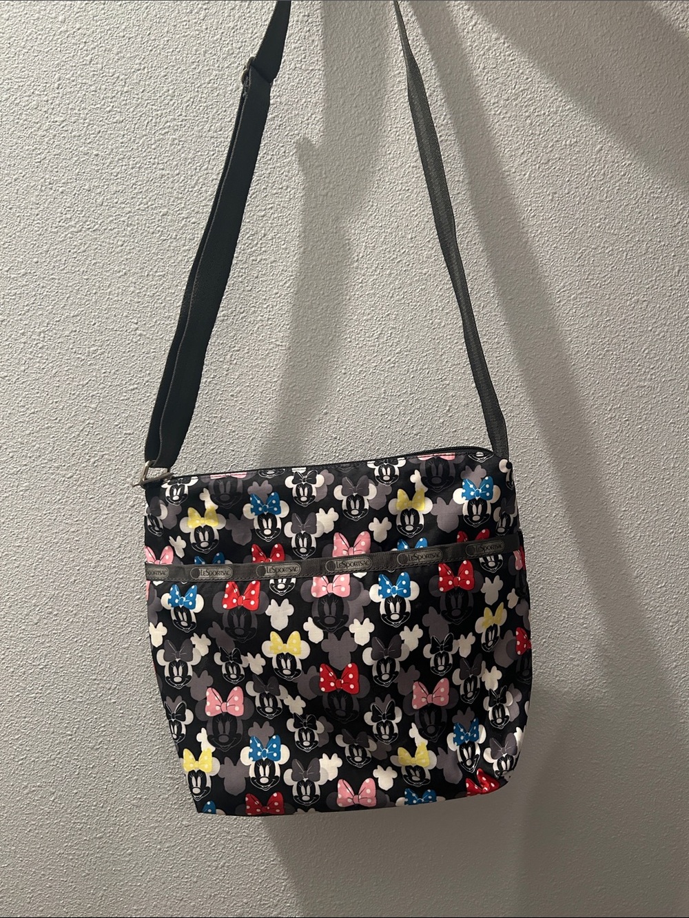 Lesportsac Black Minnie Mouse Bow Print Crossbody with Multicolor Bows